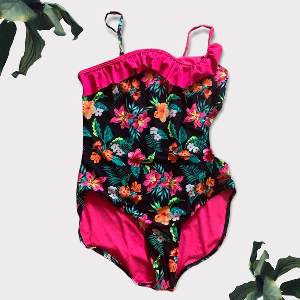 Girls Circo One Piece Swimsuit w/ Asymmetrical Front Ruffle Side Cutout XL 14/16